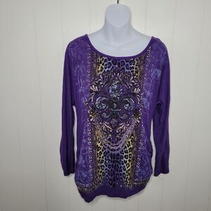 Womens Top Size XL Purple Black Boho Hippie Ruched Floral Y2k